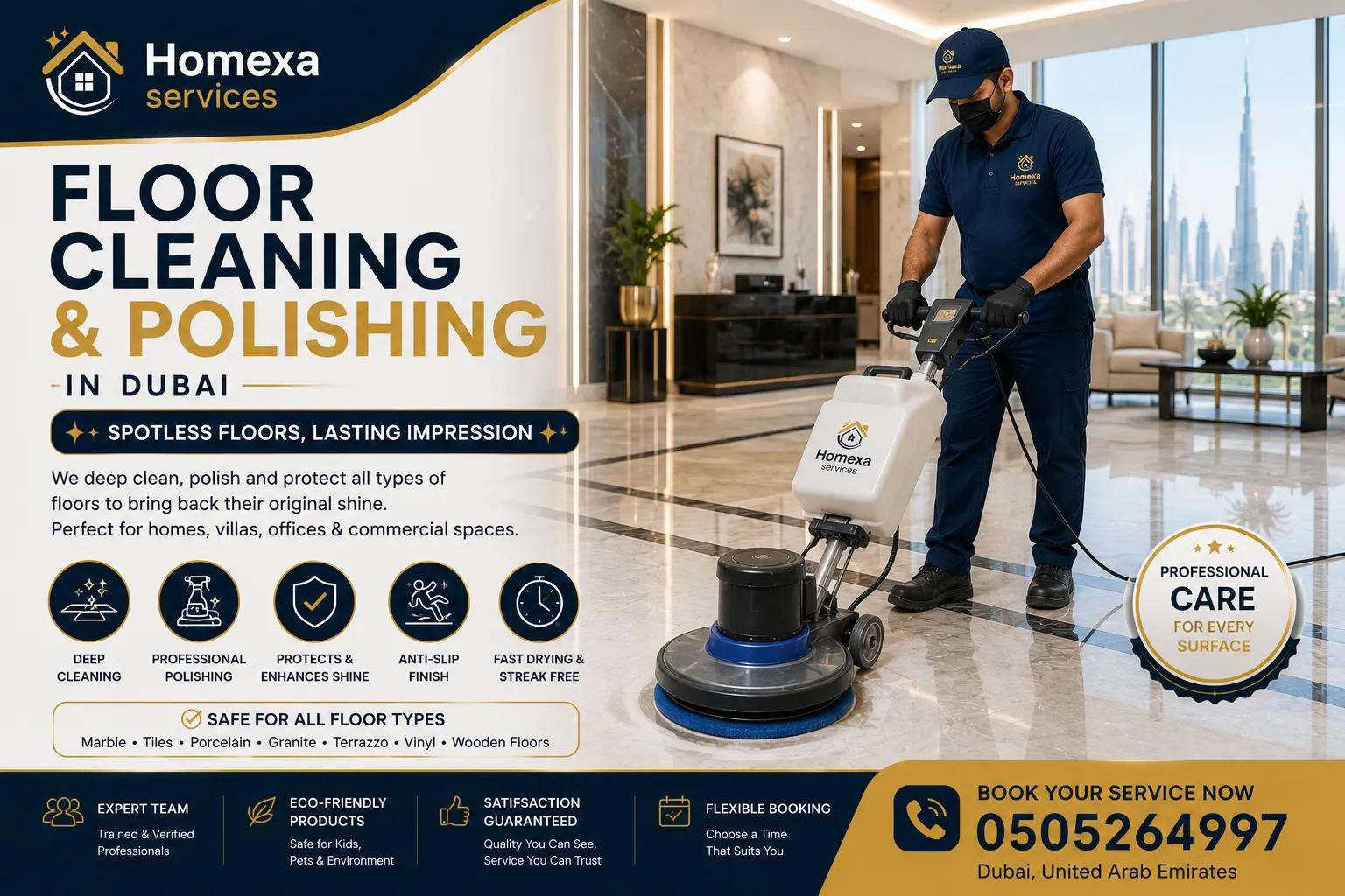 Professional floor cleaning and polishing in Dubai by Home Xa Services
