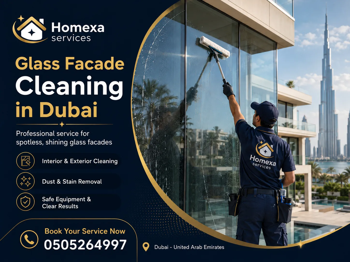 Professional glass facade cleaning in Dubai by Home Xa Services