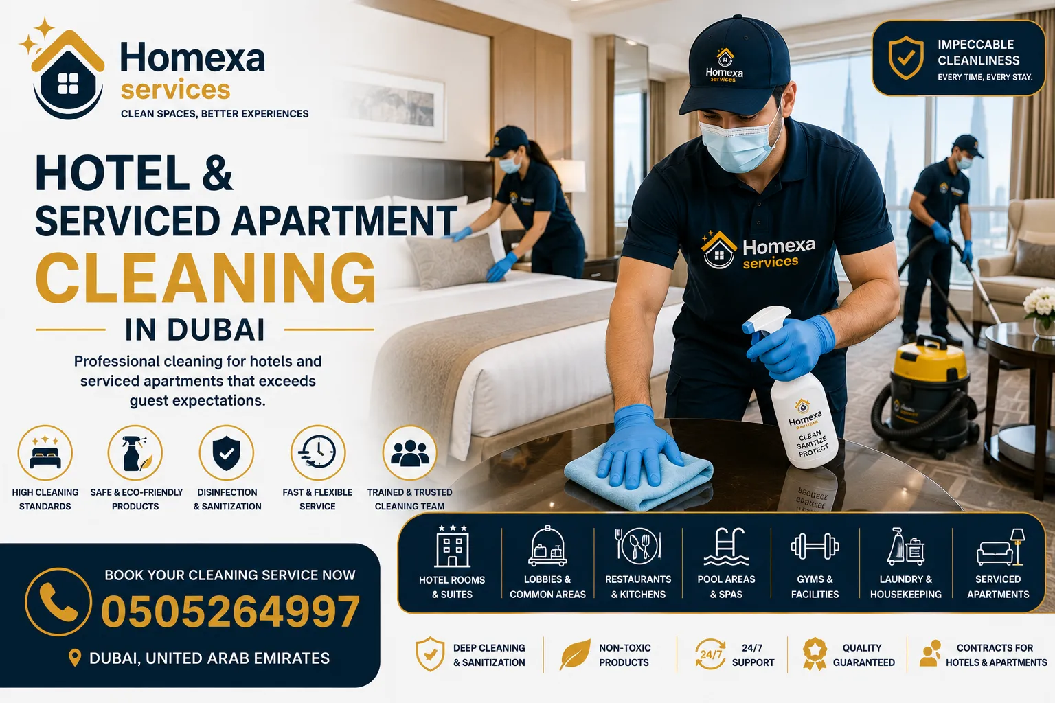 Professional hotel and serviced apartment cleaning in Dubai by Home Xa Services