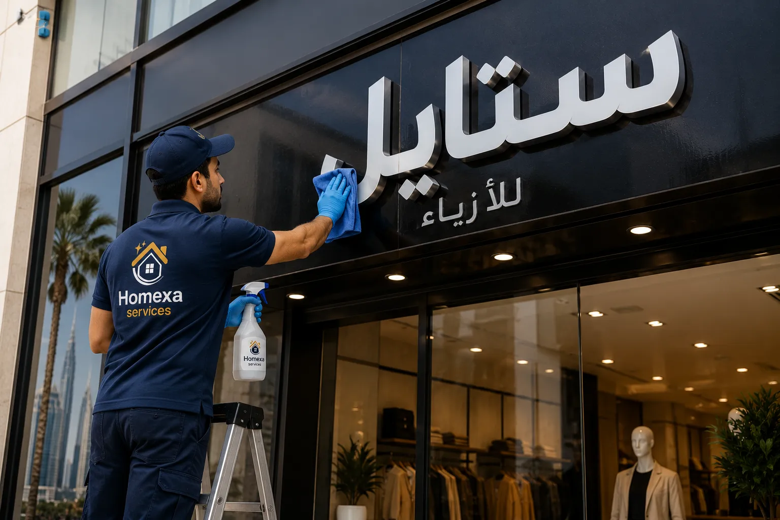 تنظيف لافتات إعلانية للمحلات في دبي بواسطة Home Xa Services