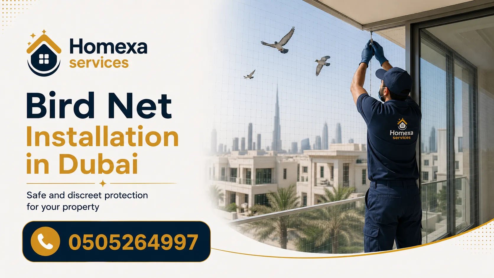 Bird net installation in Dubai for balconies apartments villas windows and residential buildings