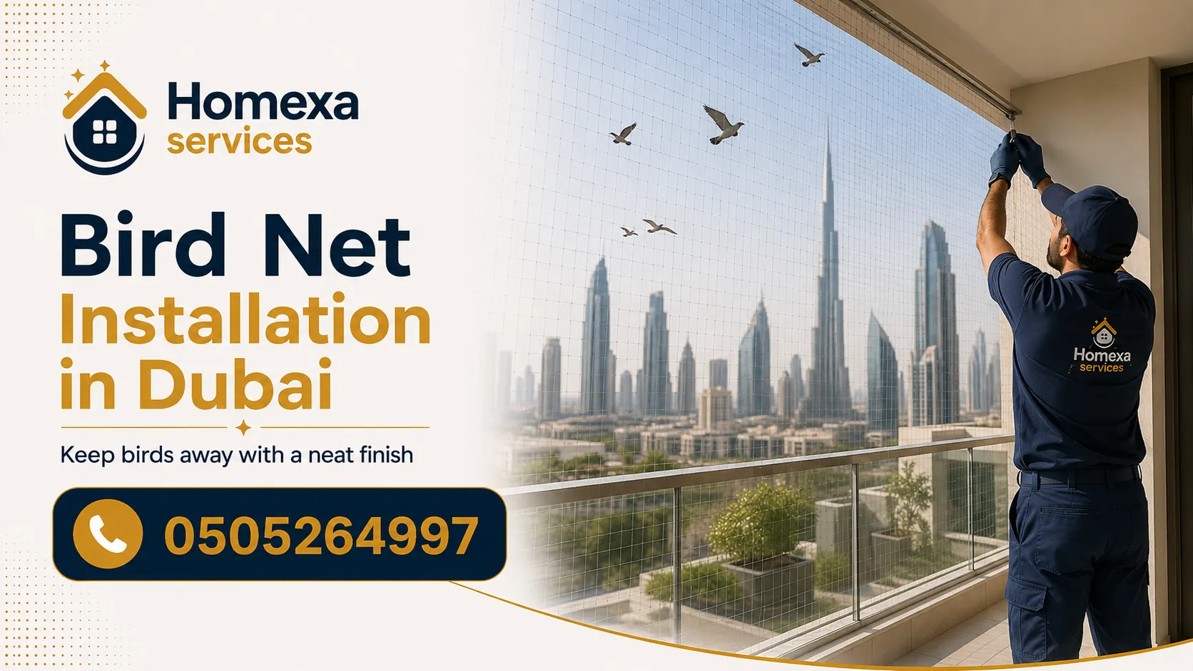 Bird net installation in Dubai for apartment balconies villas windows terraces and residential buildings