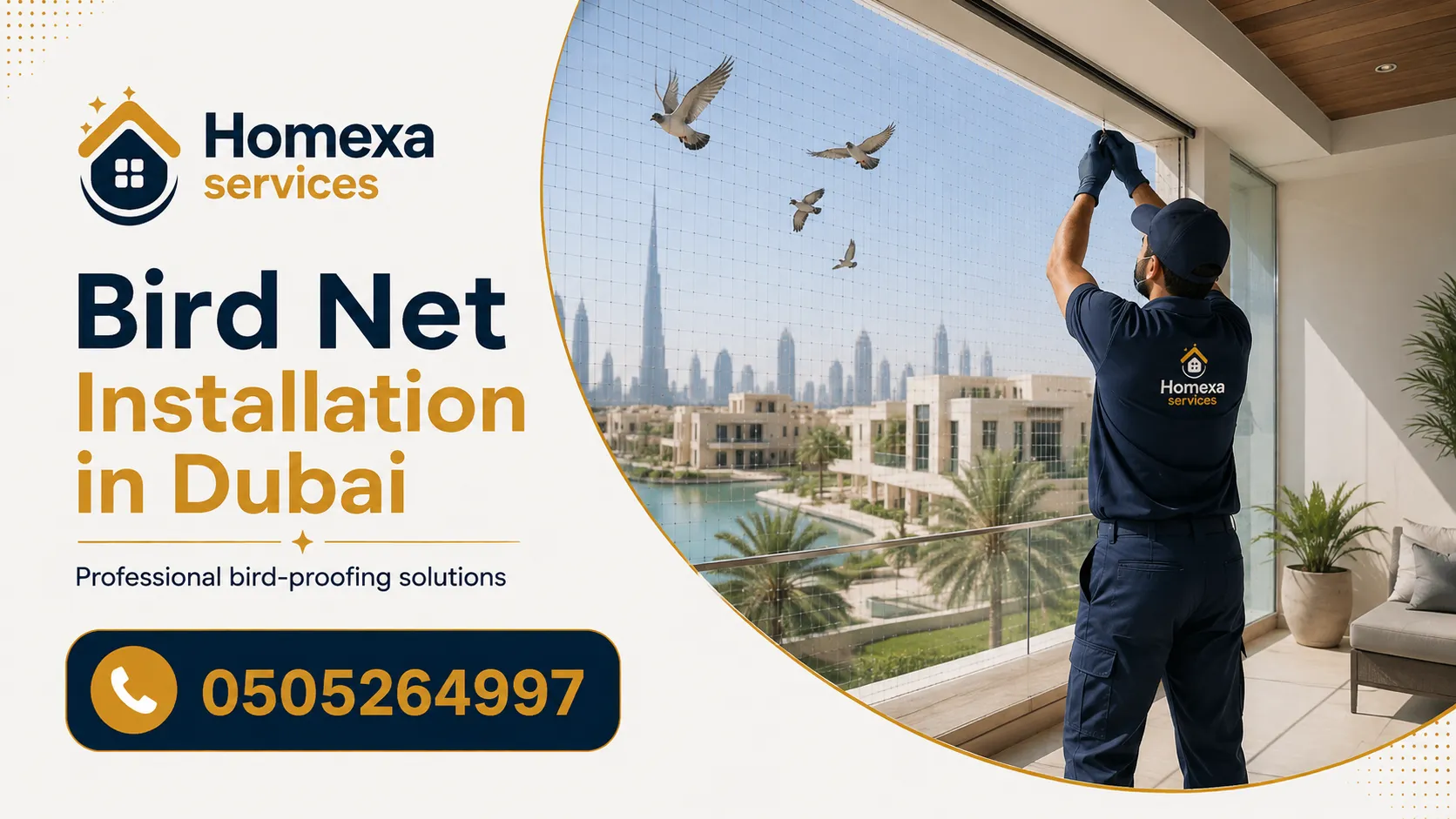 Bird net installation company in Dubai for balconies villas residential towers warehouses and commercial properties