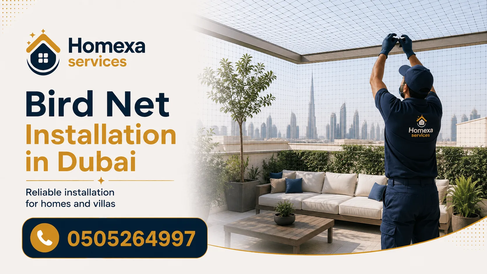 Bird net installation in Dubai for balconies apartments villas towers hotels warehouses and commercial properties