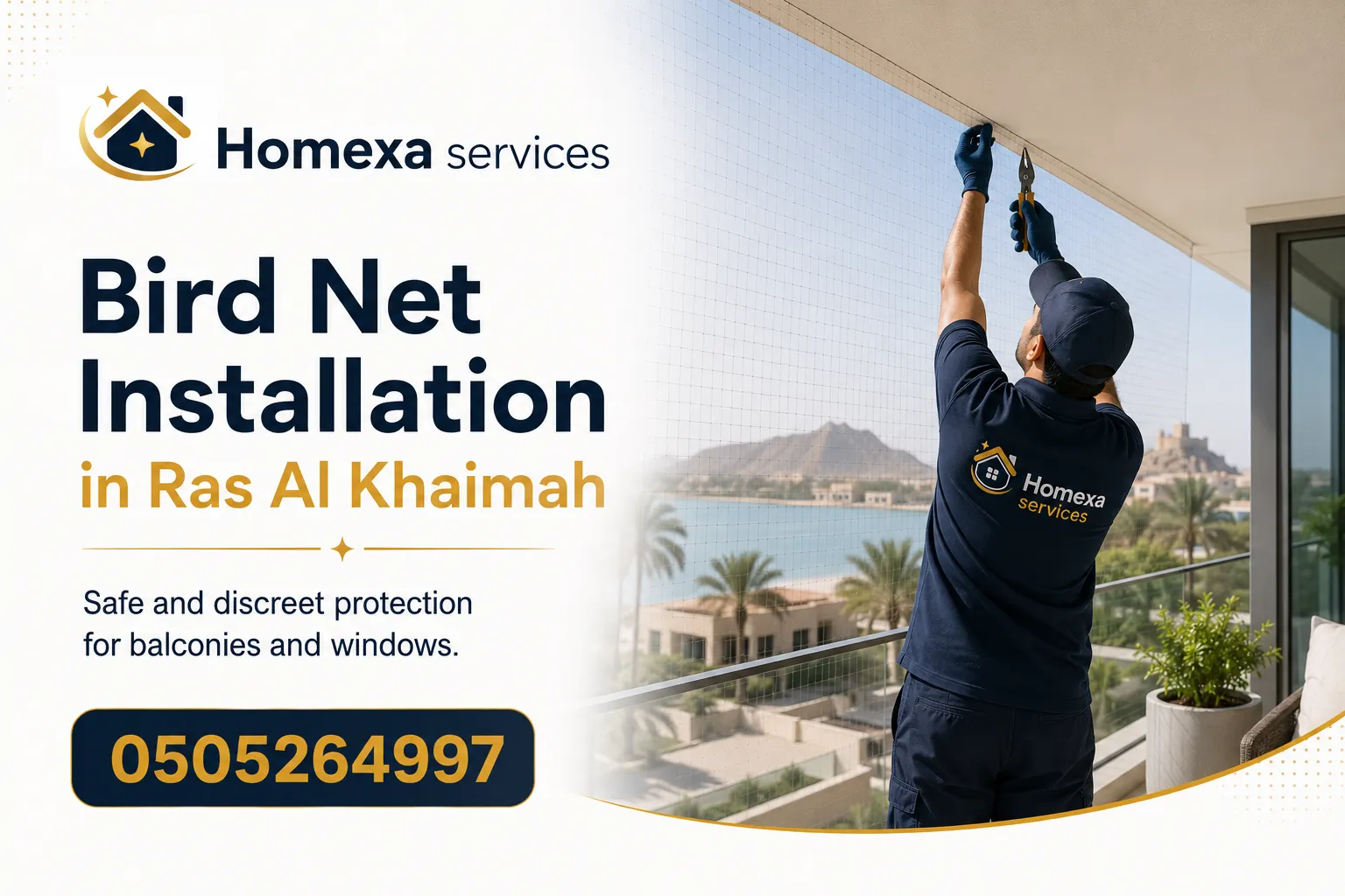Bird net installation in Ras Al Khaimah for balconies windows villas and residential buildings