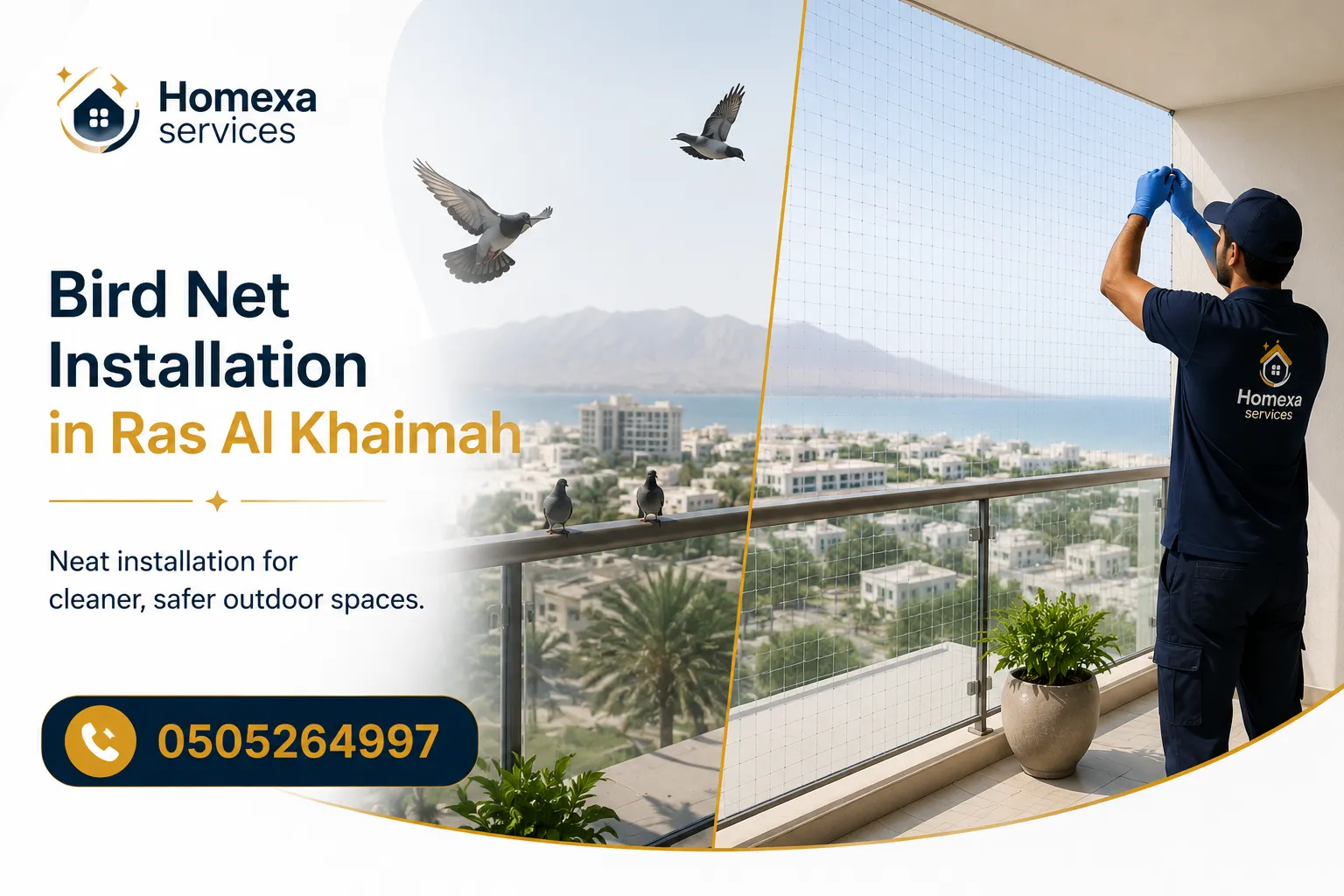 Balcony bird net installation in Ras Al Khaimah for apartments villas and residential properties