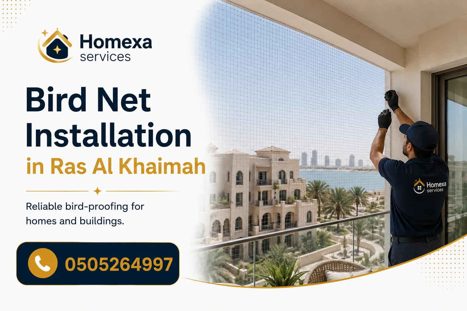 Pigeon net installation in Ras Al Khaimah for apartment balconies villas buildings and commercial properties