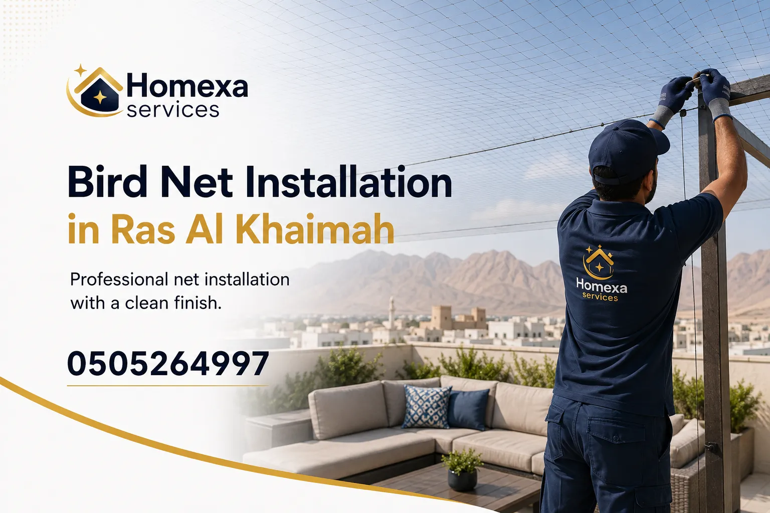 Bird net installation company in Ras Al Khaimah for balconies terraces villas windows and commercial properties