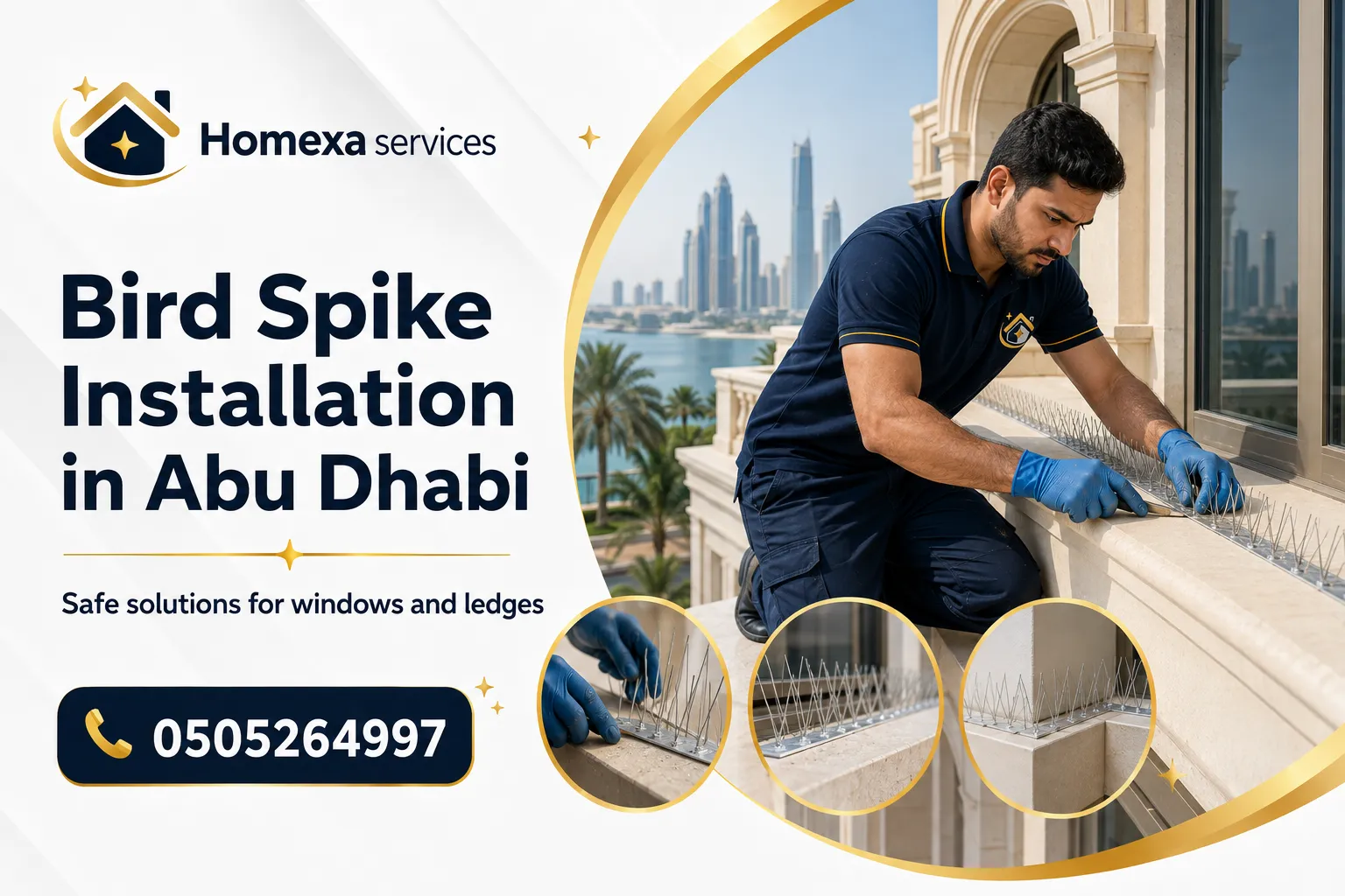 Bird Spike Installation in Abu Dhabi on villa roof edges pergolas balconies and ledges