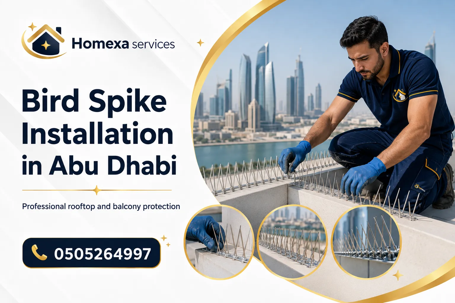 Bird Spike Installation in Abu Dhabi on villa ledges pergolas roof edges and balconies