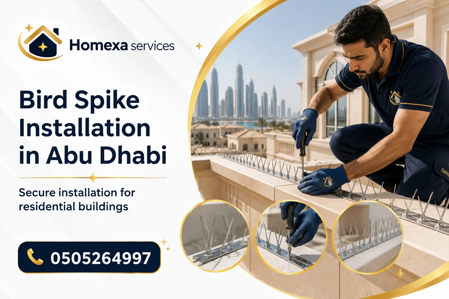 Bird Spike Installation in Abu Dhabi on roof ledges cornices pergolas and elevated building areas