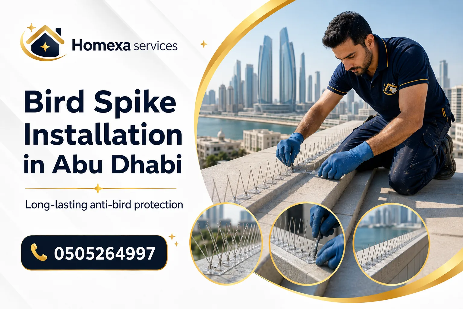 Bird Spike Installation in Abu Dhabi on long roof edges pergolas balconies and building ledges