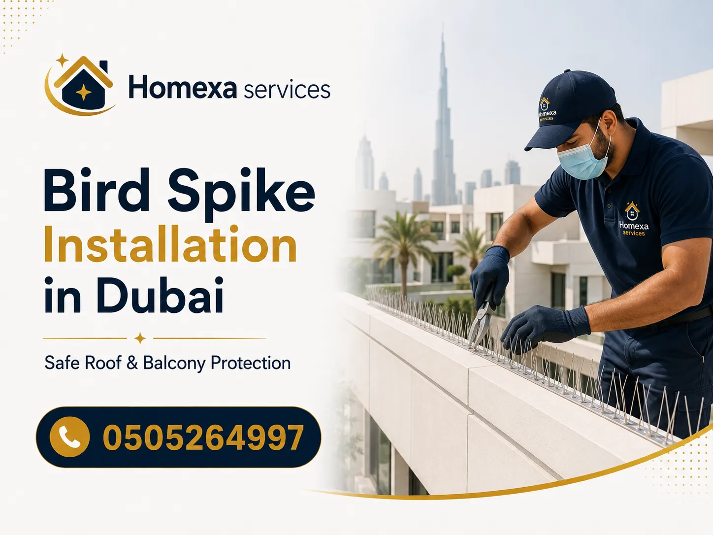 Bird spike installation in Dubai on villa and building ledges to discourage pigeon perching