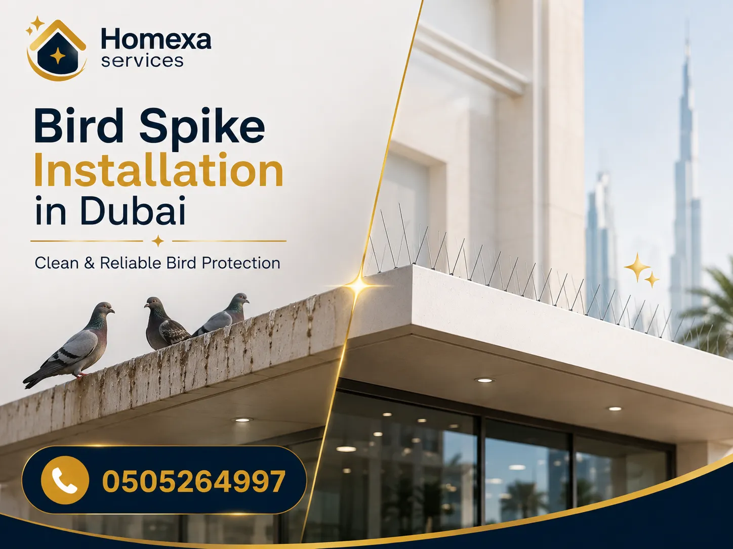 Pigeon spike installation in Dubai for balcony railings villa ledges and building projections