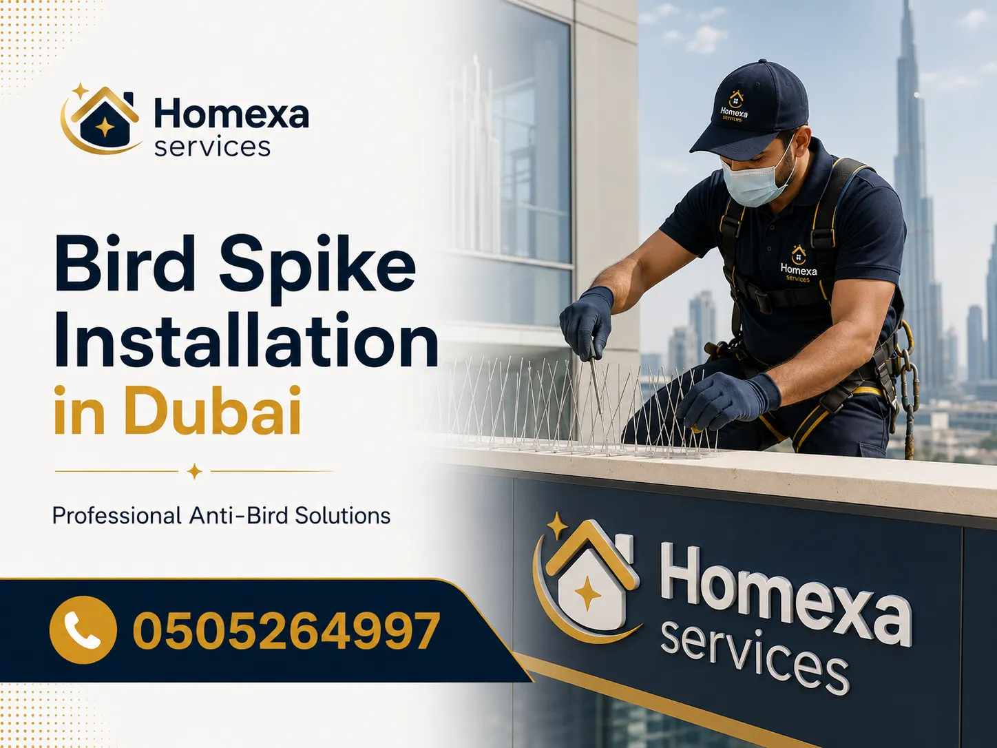 Bird spike installation on building facades in Dubai for pigeon perching ledges and projections