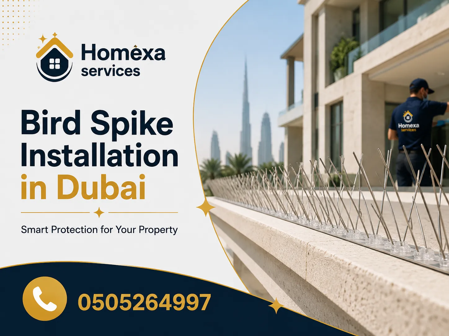 Large commercial bird spike installation in Dubai for buildings warehouses and long facade ledges