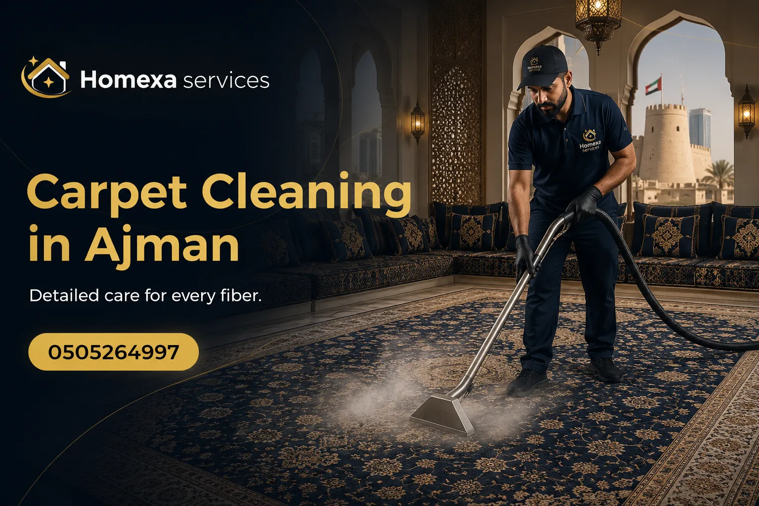 Carpet and fitted carpet cleaning in Ajman with stain treatment and deep cleaning
