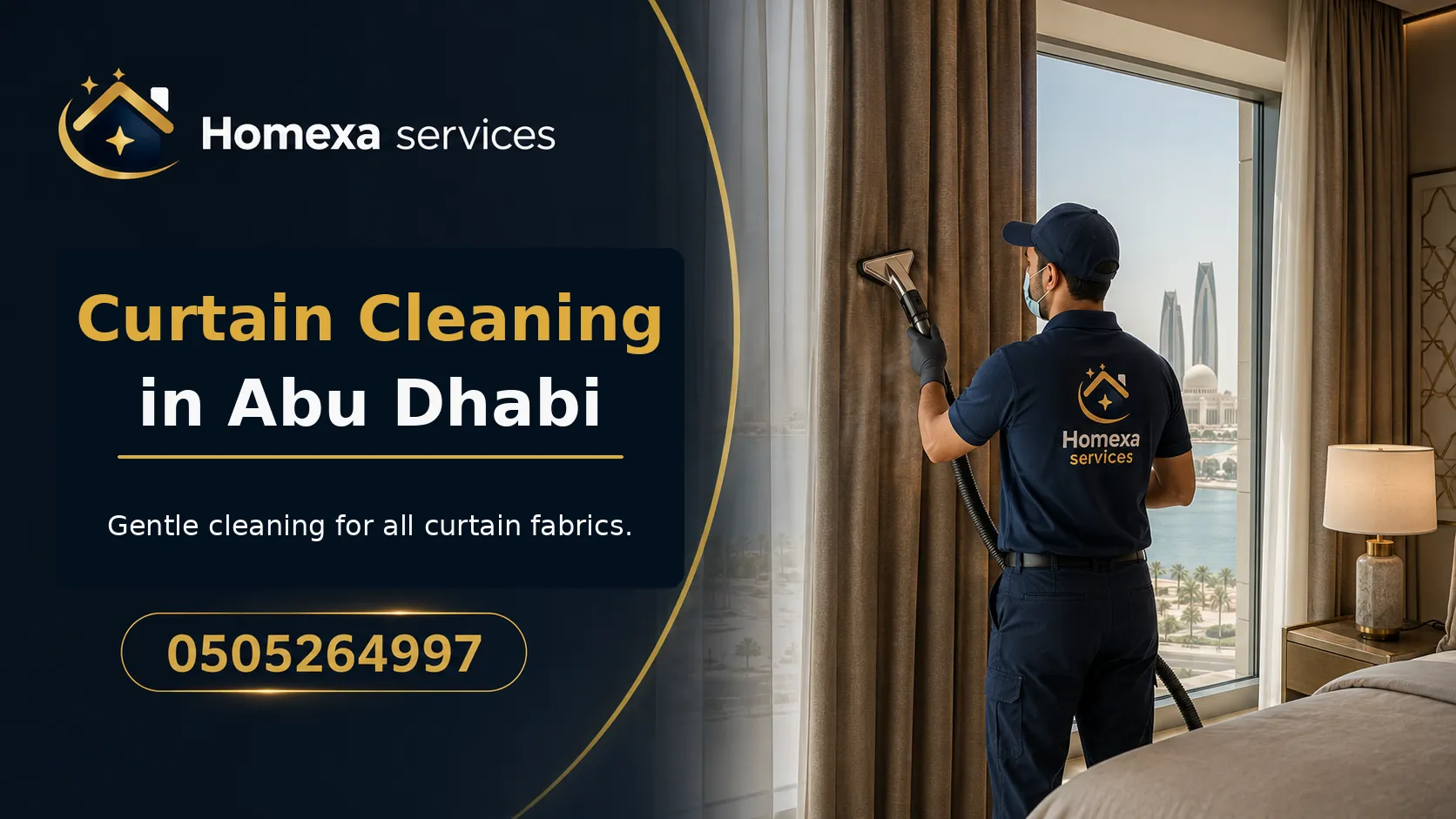 On-site curtain cleaning in Abu Dhabi for blackout long heavy and sheer curtains without removal where suitable