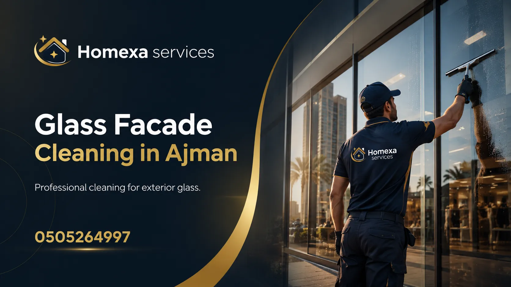 Glass facade cleaning company in Ajman for commercial building exterior glass