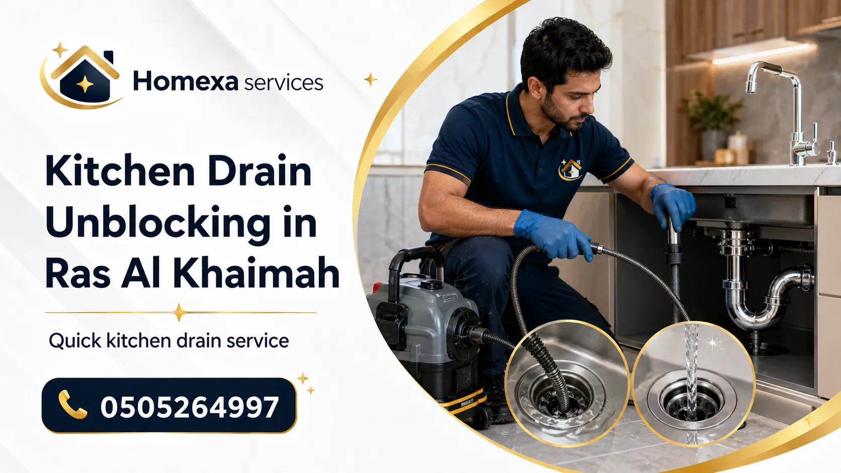 Kitchen sink blockage inspection in Ras Al Khaimah for slow drainage and floor drain backflow