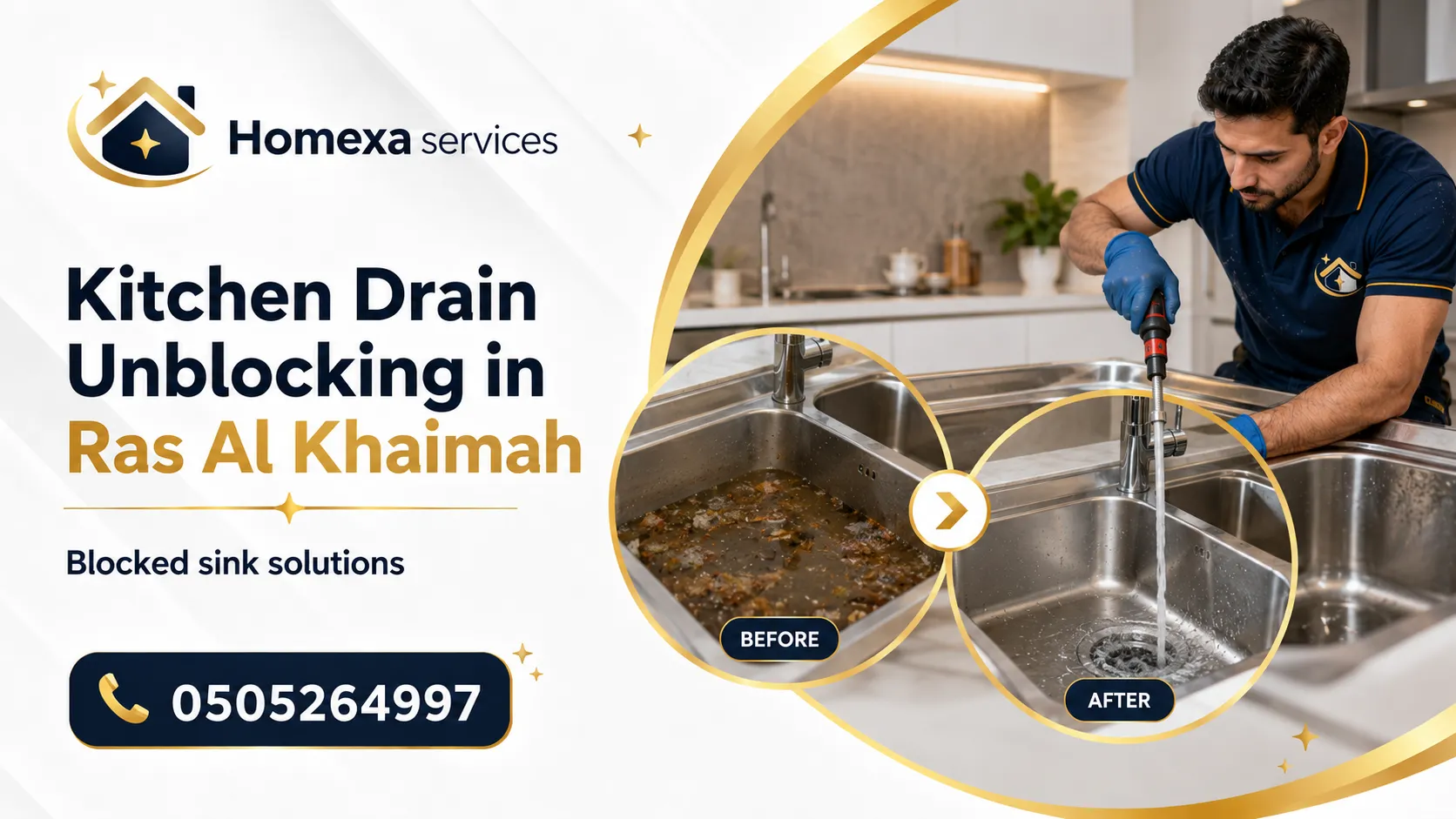 Kitchen drain unblocking service in Ras Al Khaimah for blocked sink and backed-up kitchen drain