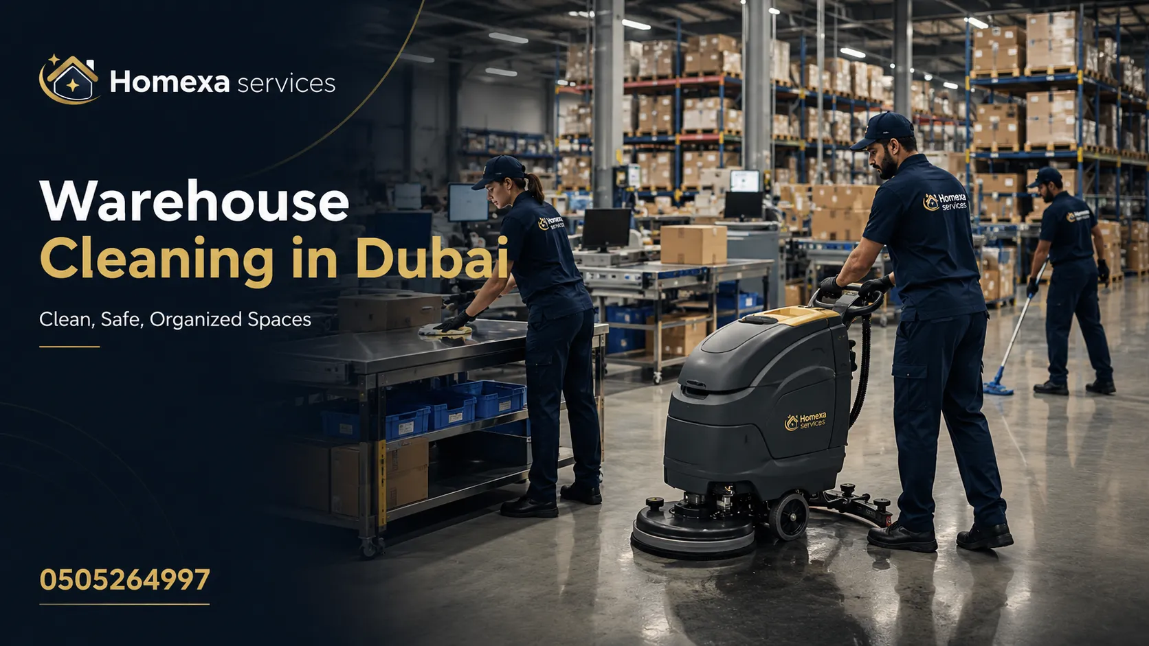 Industrial and logistics warehouse floor rack and aisle cleaning in Dubai