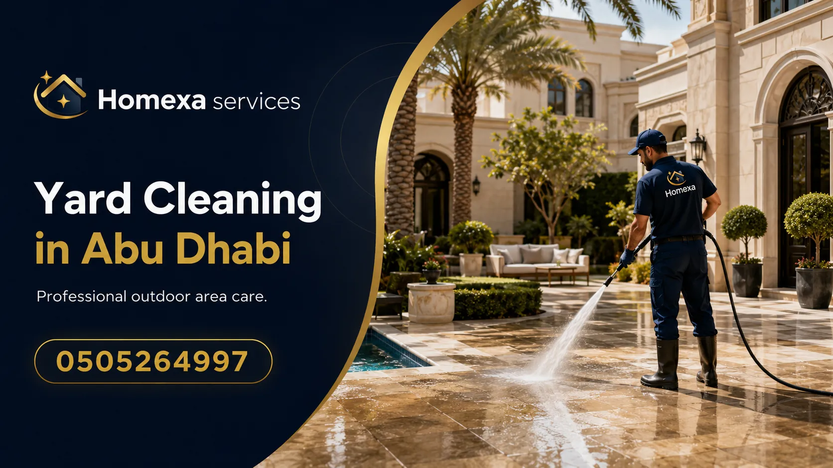 Outdoor yard cleaning in Abu Dhabi with sand removal tile washing and walkway cleaning