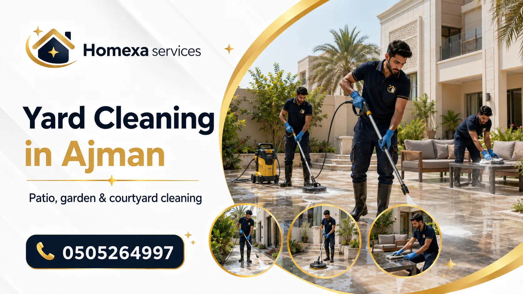 Yard cleaning in Ajman for villa courtyards outdoor floors entrances and driveways