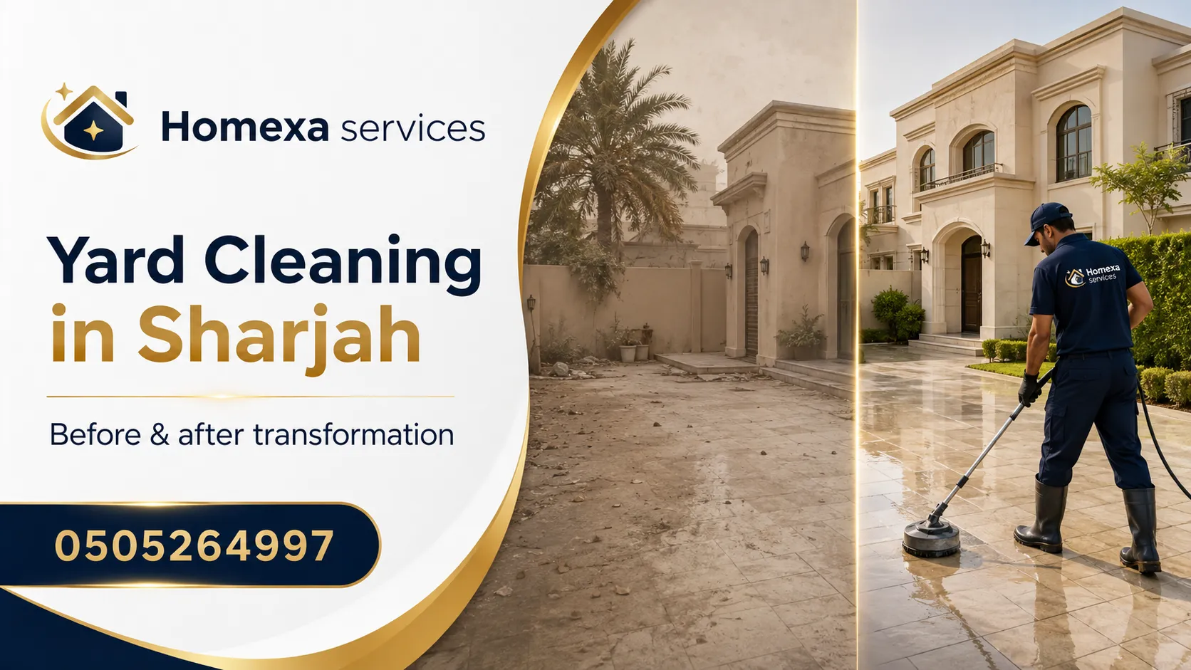 Villa yard cleaning in Sharjah with outdoor floor washing and walkway cleaning