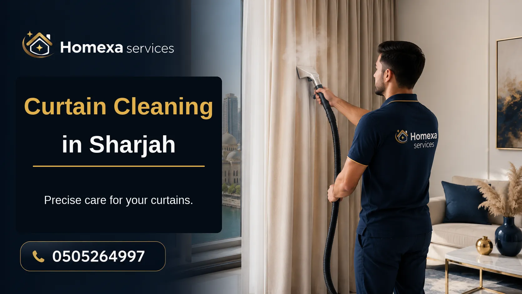 Curtain cleaning service in Sharjah for on-site cleaning, long curtains and multiple curtain layers