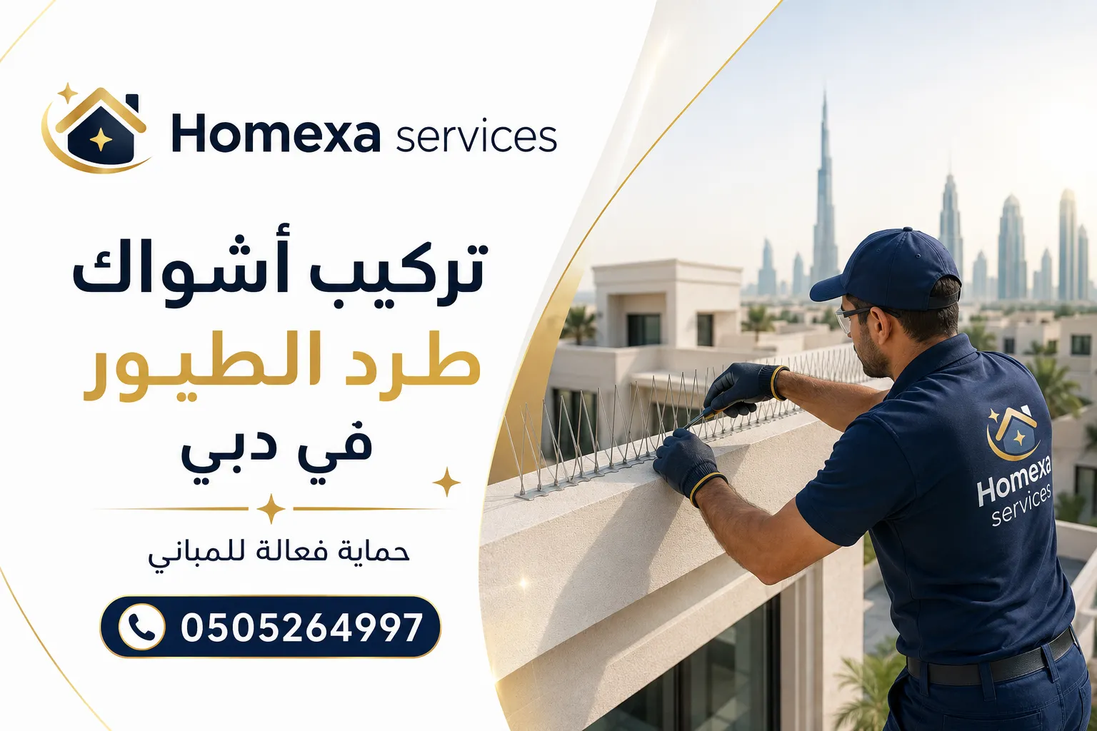 تركيب أشواك طرد الطيور في دبي على حواف المباني والفلل لمنع وقوف الحمام