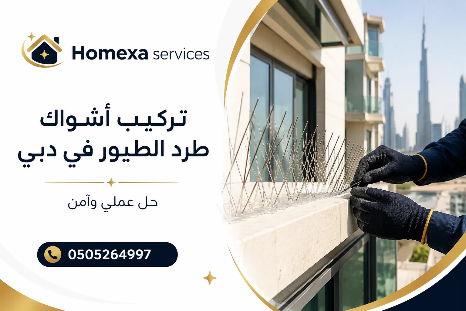 تركيب أشواك طرد الطيور على واجهات المباني في دبي لمنع وقوف الحمام على الحواف والبروزات