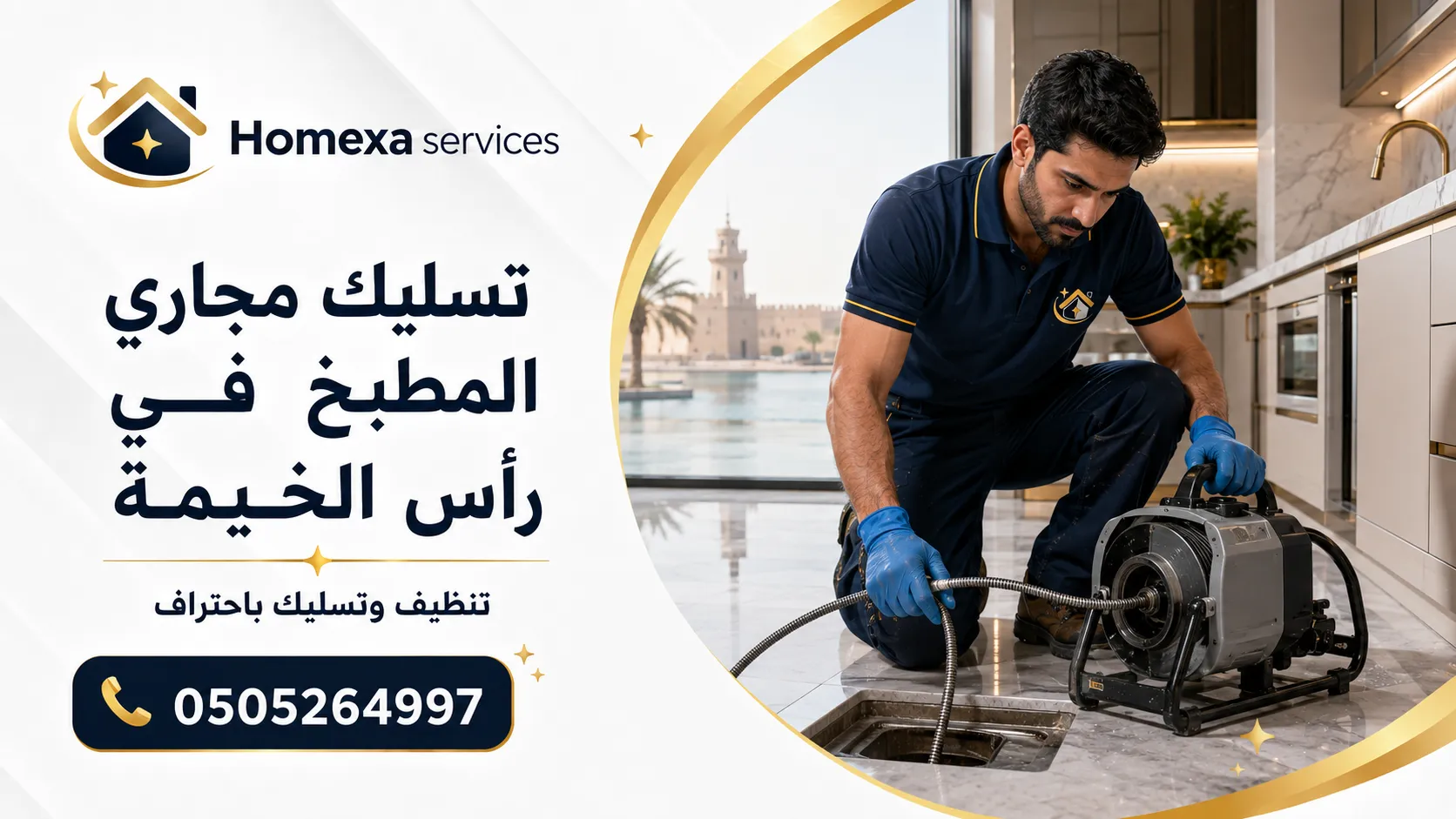 فحص انسداد مجاري المطبخ في رأس الخيمة عند بطء الحوض أو رجوع المياه من مصرف المطبخ