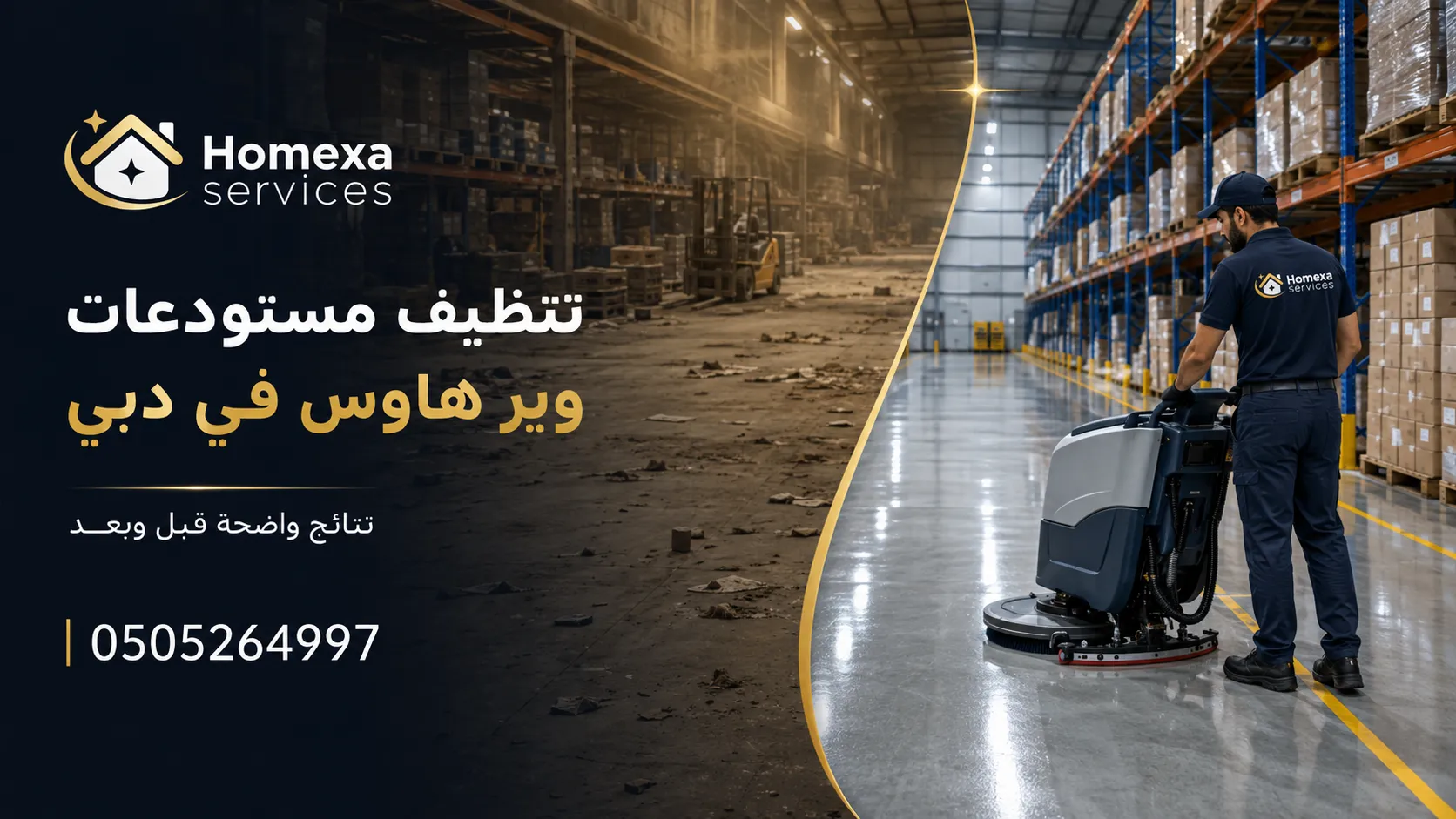 تنظيف أرضيات وممرات ورفوف المستودعات الصناعية واللوجستية في دبي