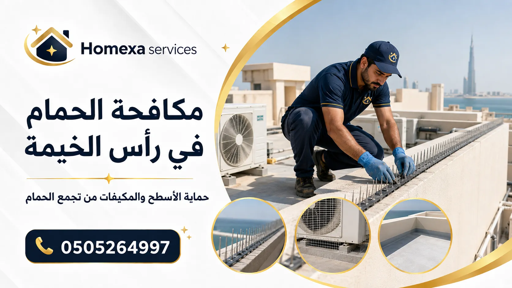 مكافحة الحمام في رأس الخيمة وإبعاد الحمام عن الشرفات والأسطح ونقاط التعشيش