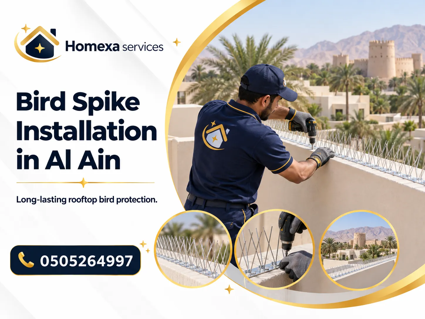 Bird Spike Installation in Al Ain after assessing pigeon perching areas