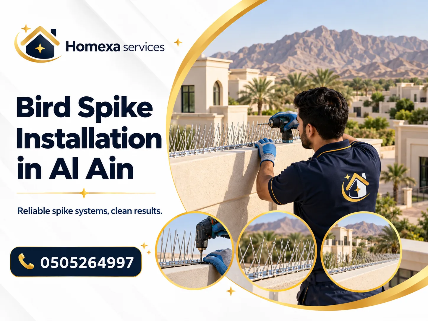 Bird Spike Installation in Al Ain on villa walls and balcony ledges