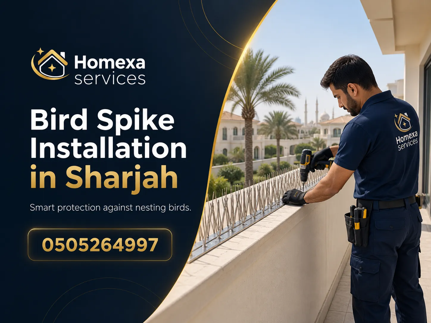 Bird Spike Installation in Sharjah after inspecting pigeon landing areas
