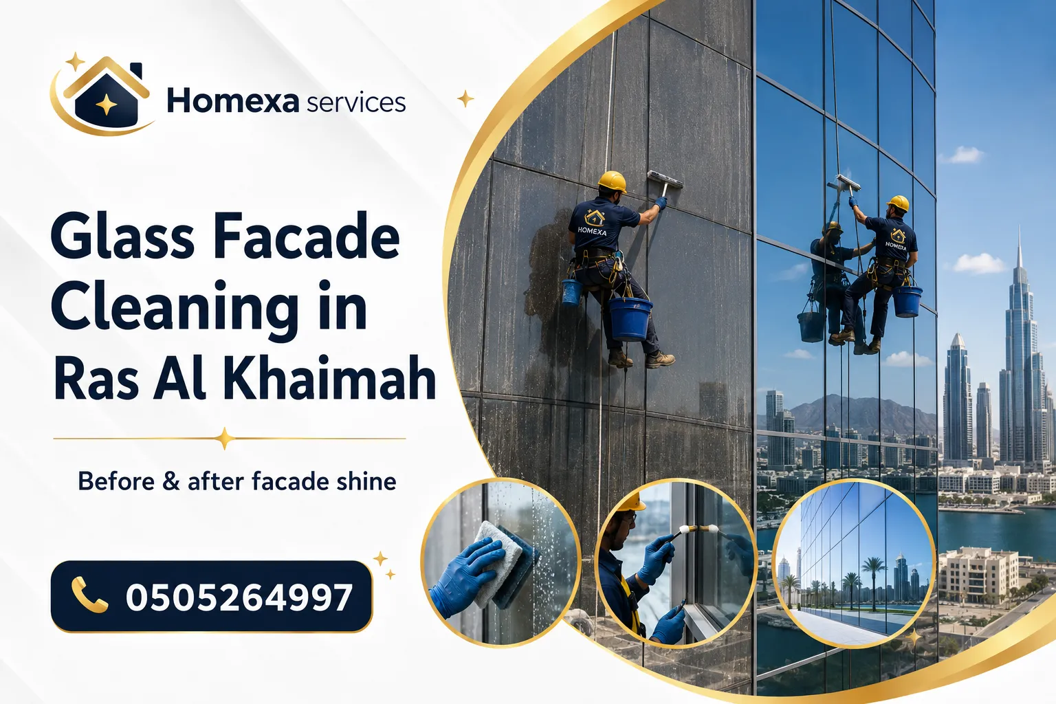 Exterior Glass Facade Cleaning in Ras Al Khaimah for dust and water marks