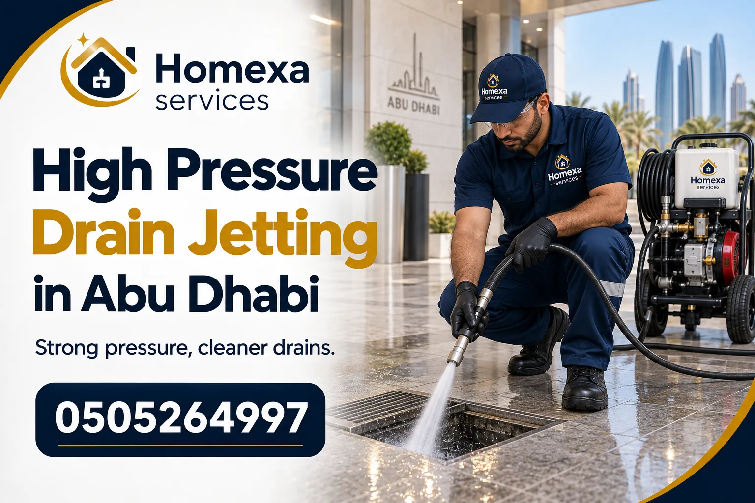 High Pressure Drain Jetting in Abu Dhabi with drain line assessment