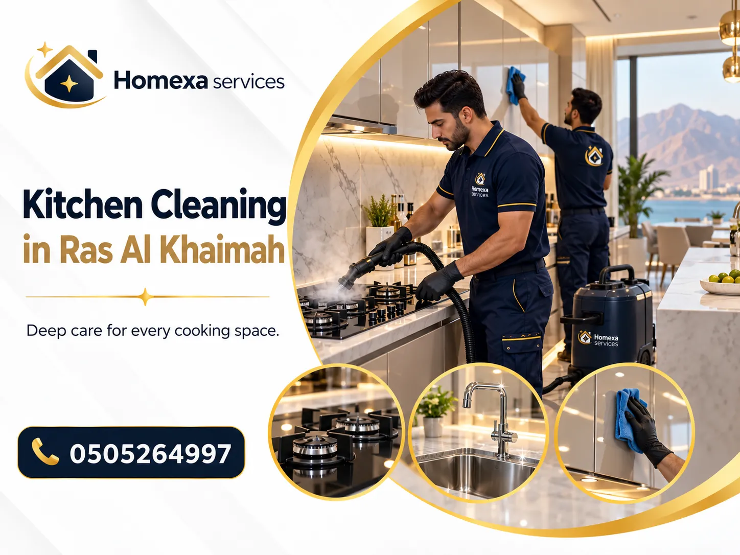 Kitchen Cleaning in Ras Al Khaimah for grease cabinets worktops and floors