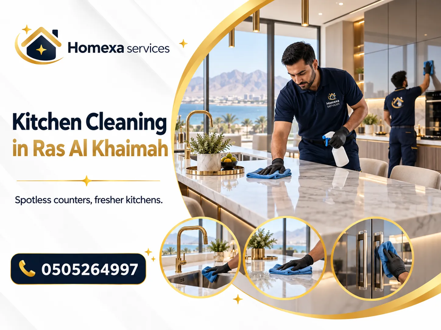 Deep kitchen cleaning in Ras Al Khaimah for cooking areas grease and cabinets