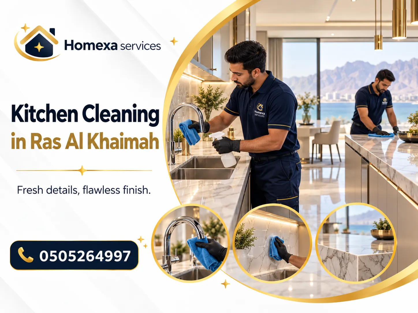 Professional Kitchen Cleaning in Ras Al Khaimah for cabinets worktops sink and floor