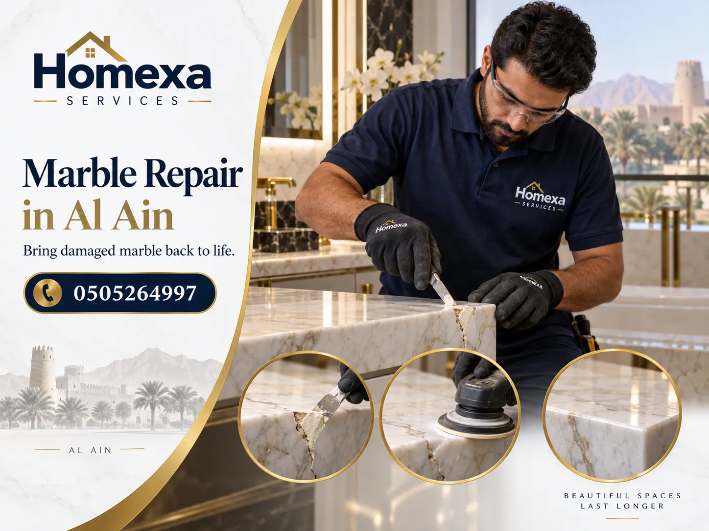 Marble Repair company in Al Ain for floors stairs and entrances