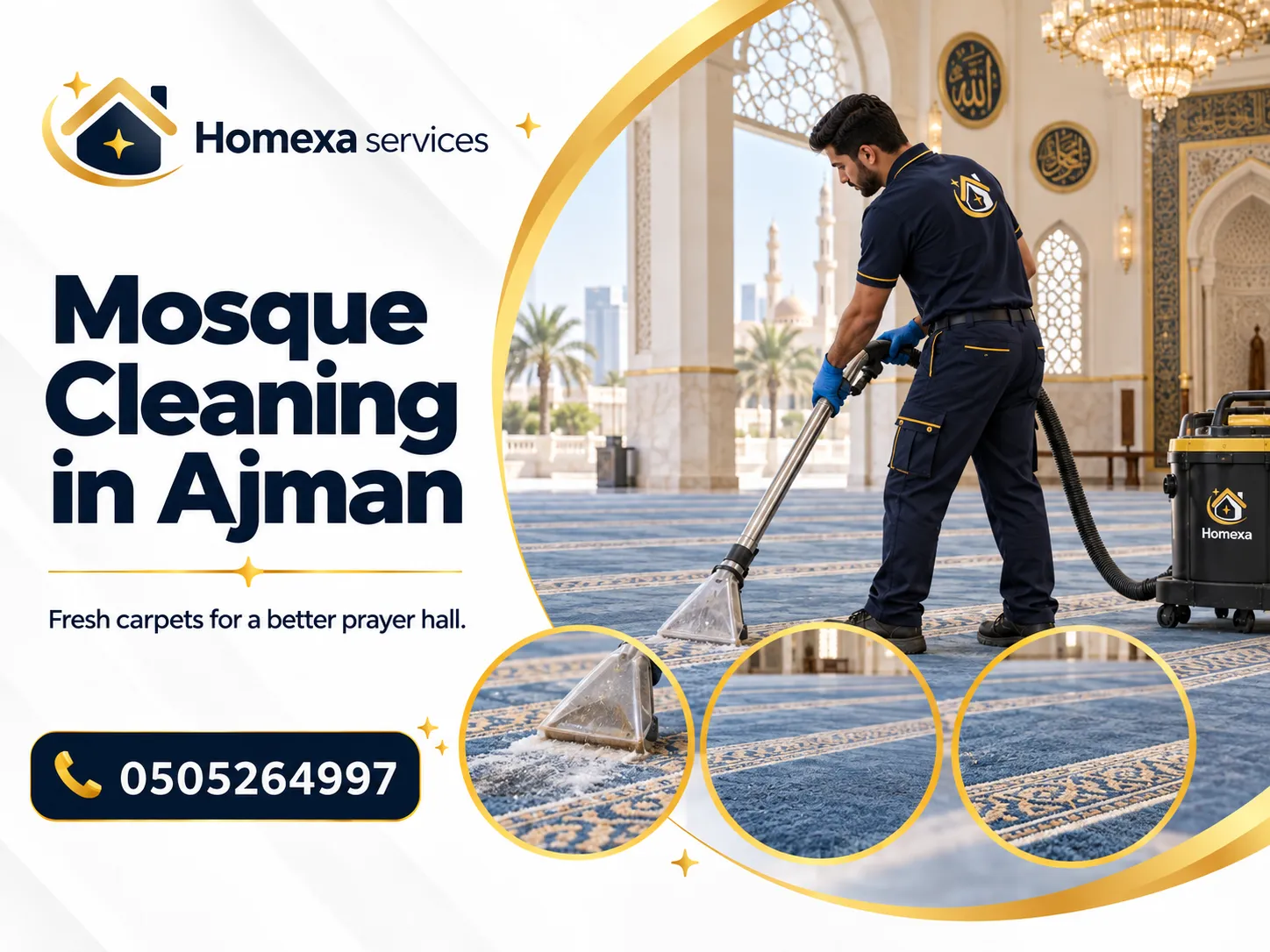 Mosque Cleaning in Ajman for prayer halls carpets entrances and facilities