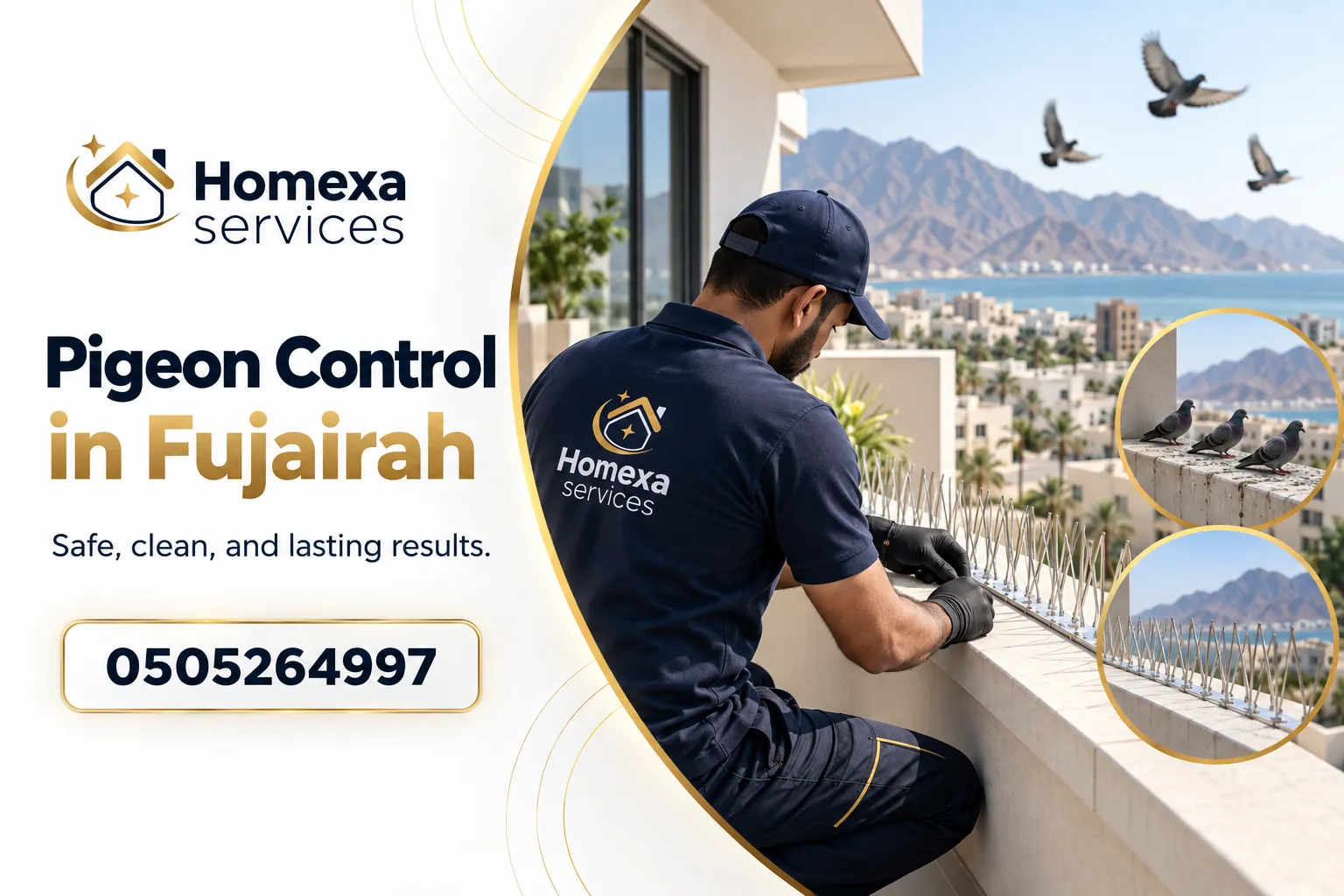 Pigeon Control in Fujairah assessment for villas balconies rooftops and commercial buildings