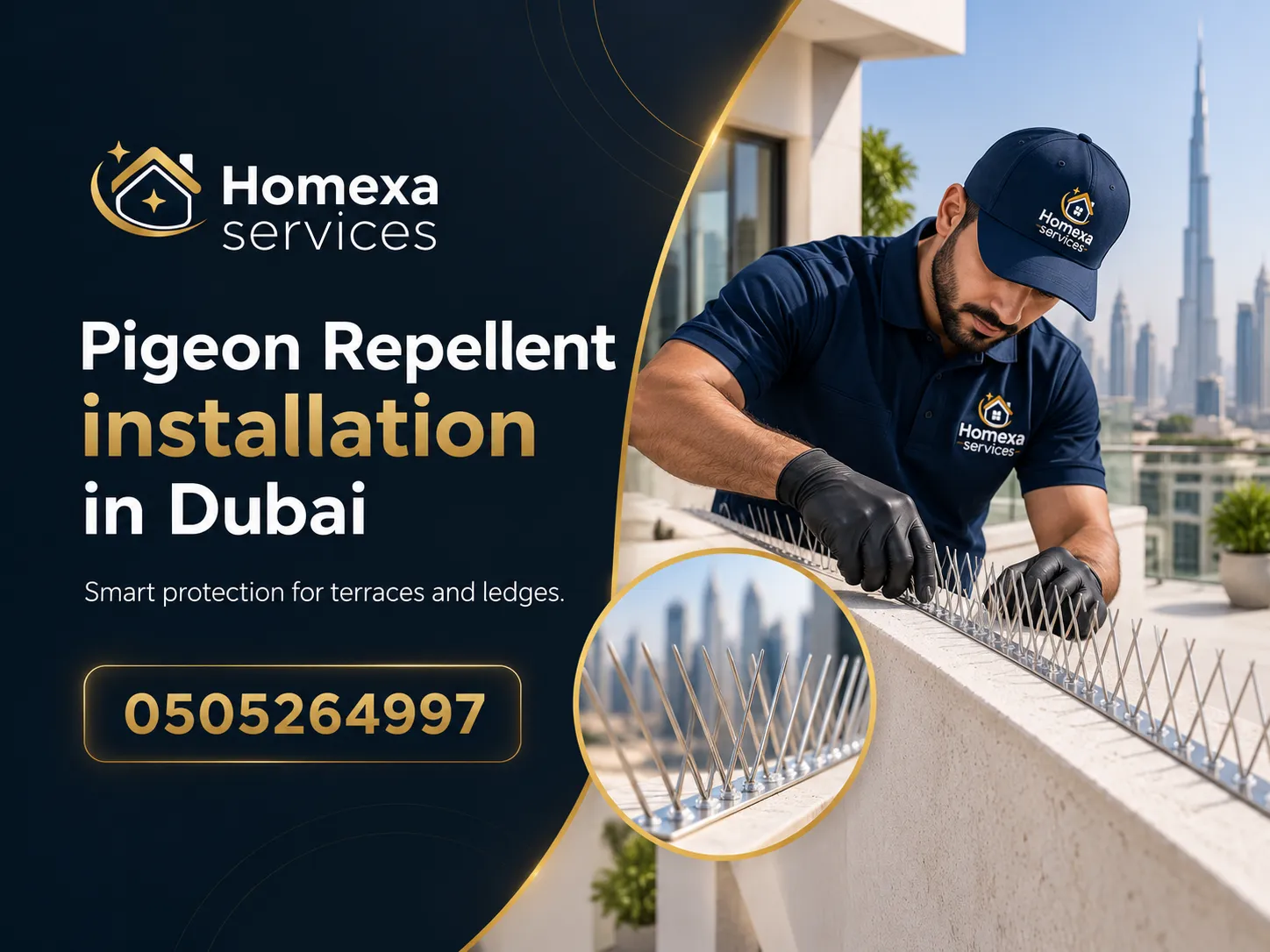 Pigeon Repellent Installation in Dubai process for balconies ledges and exterior areas