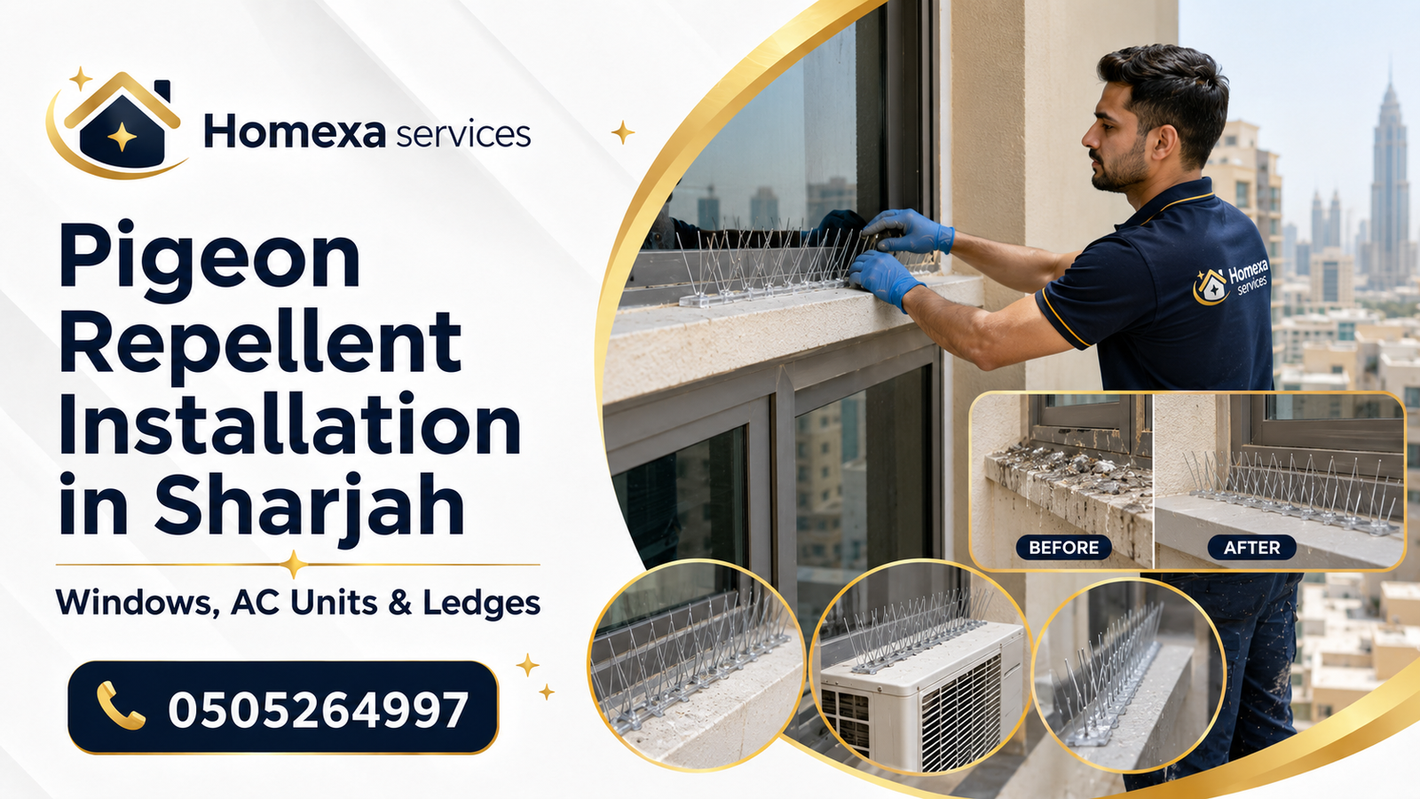 Pigeon Repellent Installation for balconies and ledges in Sharjah