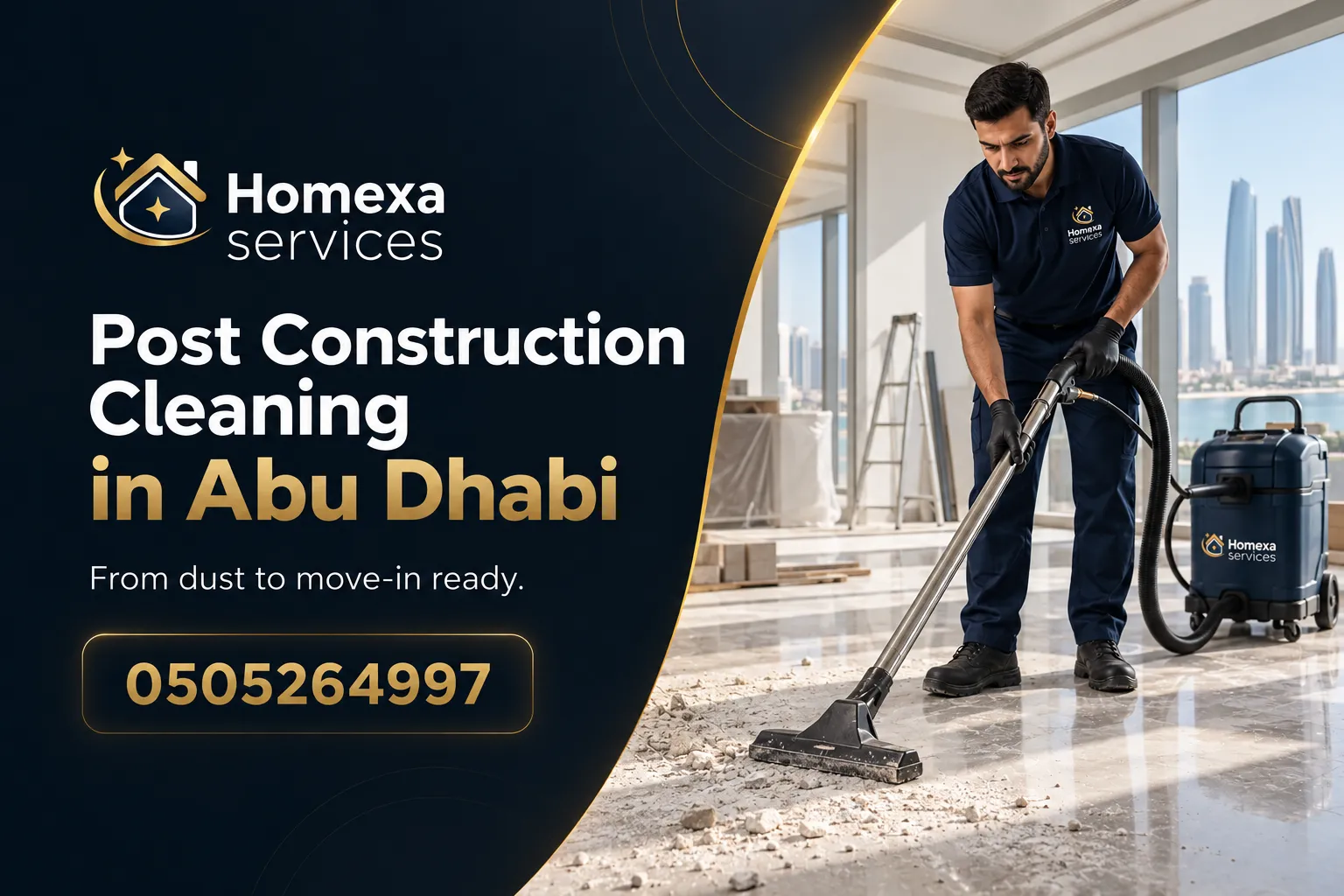 Construction dust removal during Post Construction Cleaning in Abu Dhabi