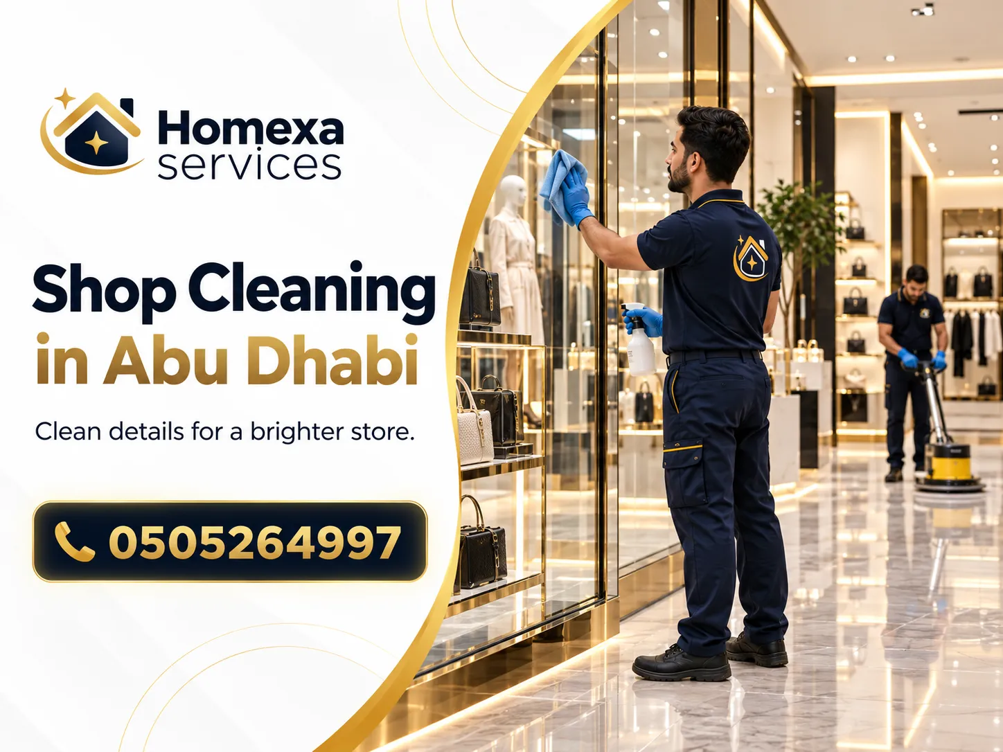 Shop Cleaning in Abu Dhabi for customer areas product displays floors and glass
